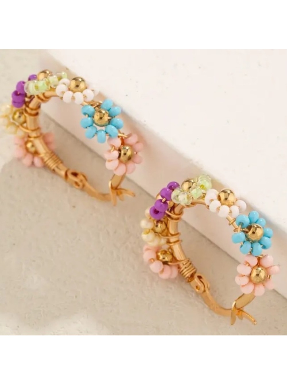 Beaded Flowers Gold Toned Hoop Earrings